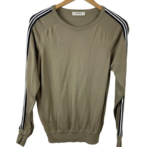 Alpha Studio Mens Knitwear Khaki Sweater Crewneck Striped Sleeve 100% Cotton 46 - Picture 1 of 15